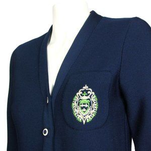 Vtg JAMES KENROB Navy Blue Cardigan Sweater Pocket Crest Button Womens sz M /571